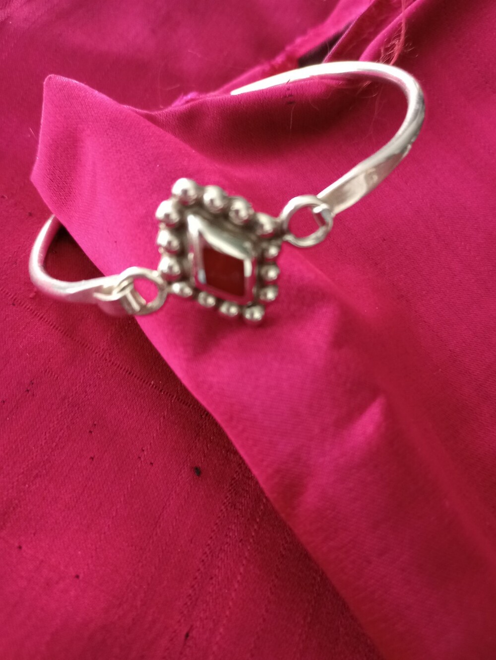 Sterling Silver(925) Bangle Bracelet, Openable, Pink Stone Diamond Shaped